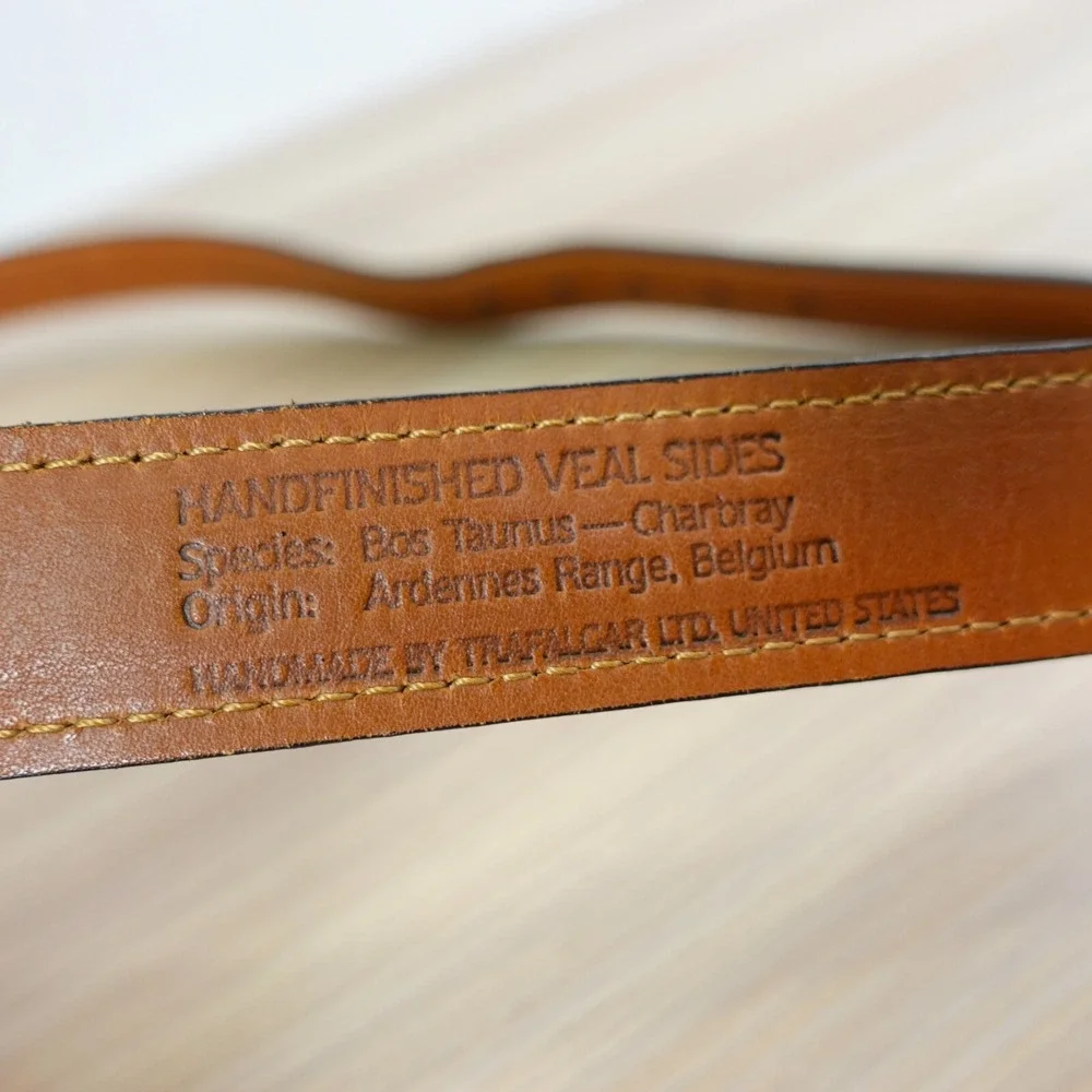 Classic Brown Leather Belt Mens 38 TRAFALGAR Gold Brass Buckle Veal Preppy Ivy